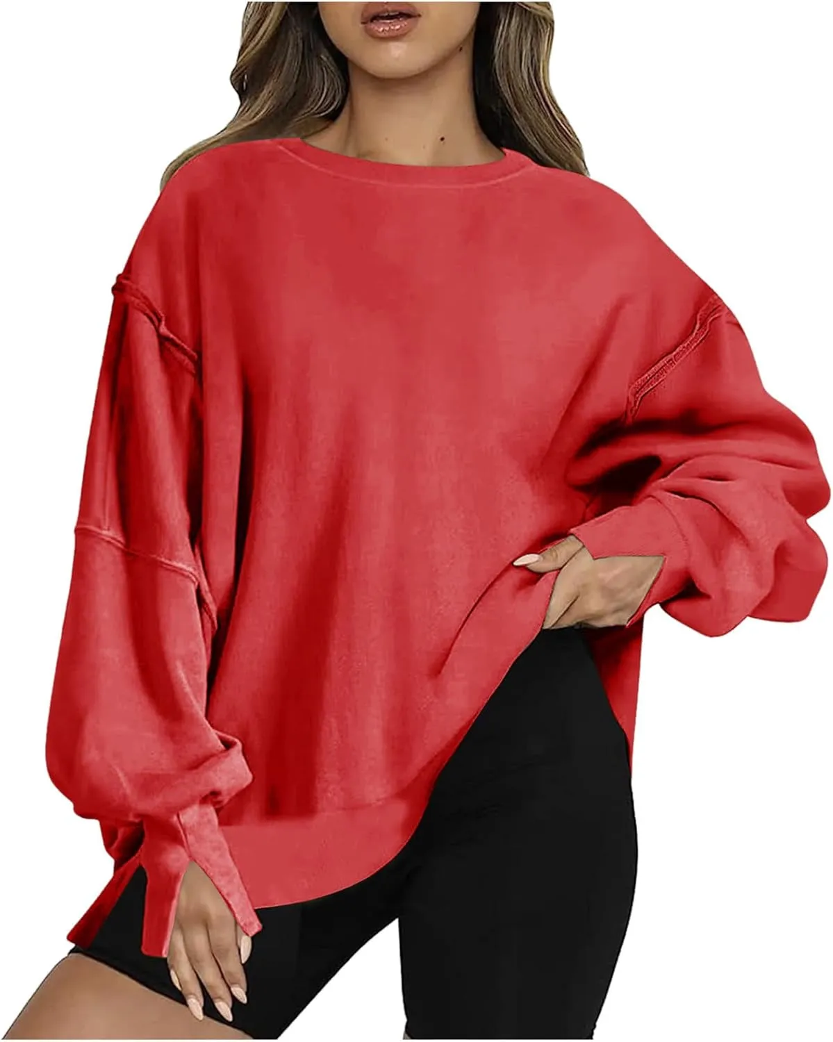 SMIDOW Womens Oversized Crewneck Sweatshirts Hoodies Fall 2023 Fashion Warm Y2k Clothes Casual Slit Sloucthy Pullover Tops