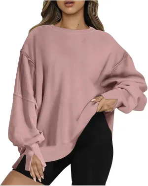 SMIDOW Womens Oversized Crewneck Sweatshirts Hoodies Fall 2023 Fashion Warm Y2k Clothes Casual Slit Sloucthy Pullover Tops
