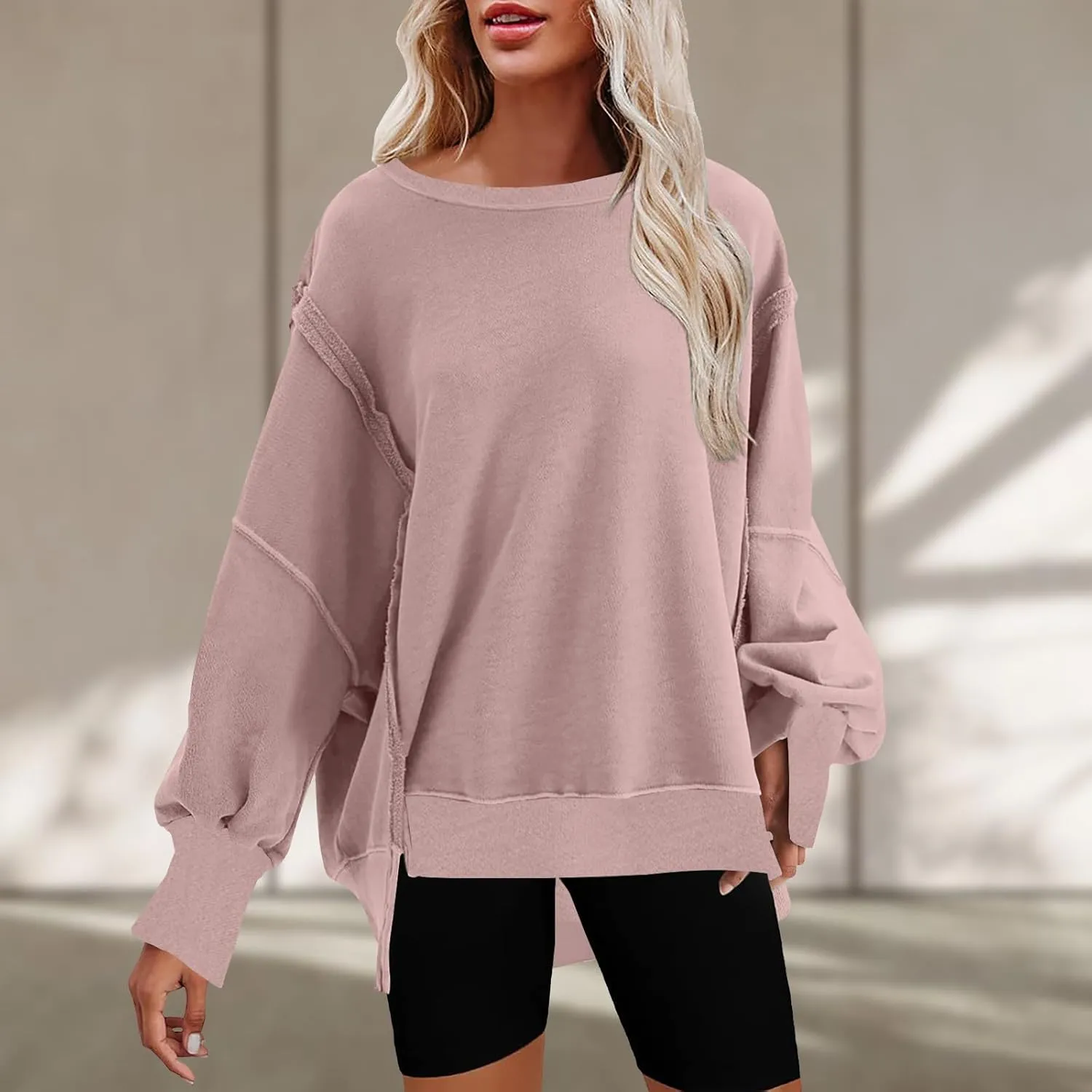 SMIDOW Womens Oversized Crewneck Sweatshirts Hoodies Fall 2023 Fashion Warm Y2k Clothes Casual Slit Sloucthy Pullover Tops