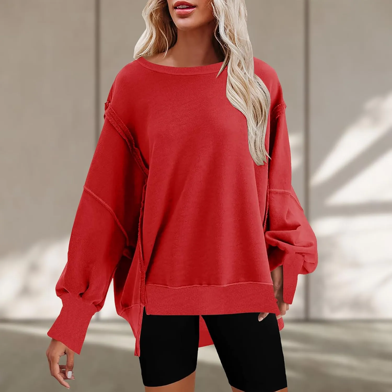 SMIDOW Womens Oversized Crewneck Sweatshirts Hoodies Fall 2023 Fashion Warm Y2k Clothes Casual Slit Sloucthy Pullover Tops