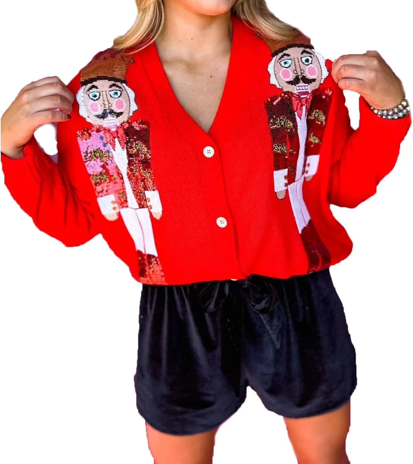 SOLILOQUY Women's Adult Red Christmas Sequin Nutcracker V-Neck Button Down Knitted Cardigan Sweater