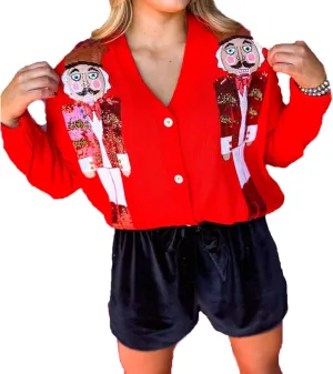 SOLILOQUY Women's Adult Red Christmas Sequin Nutcracker V-Neck Button Down Knitted Cardigan Sweater