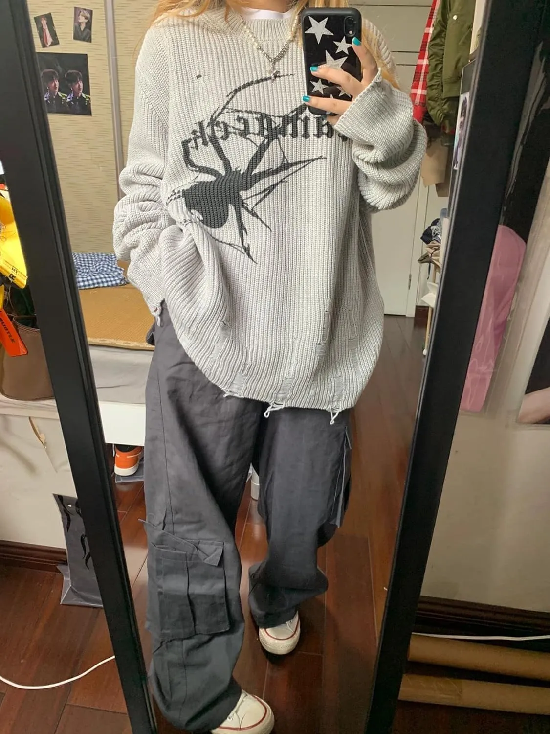 Spider Print Harajuku Thick Sweater Women Gothic Vintage Ripped Grunge Y2k Streetwear Oversize Hiphop Pullover