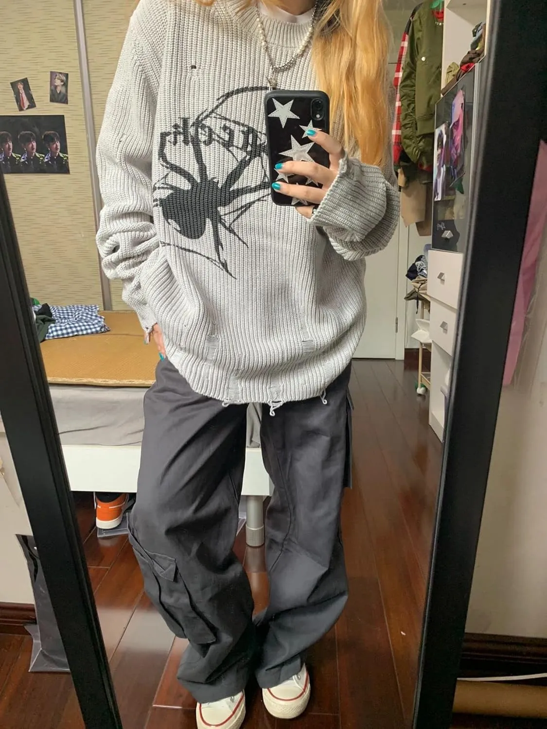 Spider Print Harajuku Thick Sweater Women Gothic Vintage Ripped Grunge Y2k Streetwear Oversize Hiphop Pullover