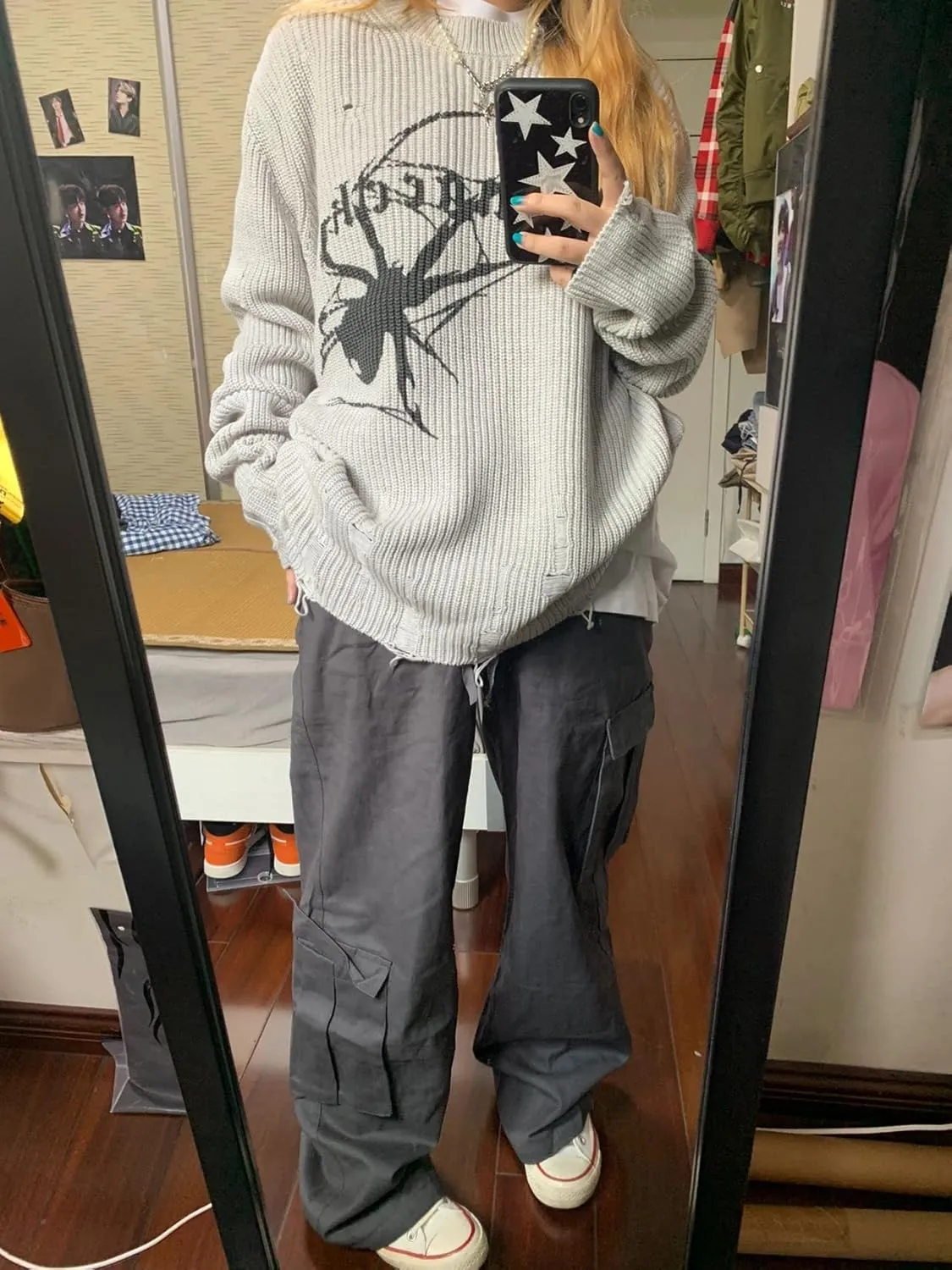 Spider Print Harajuku Thick Sweater Women Gothic Vintage Ripped Grunge Y2k Streetwear Oversize Hiphop Pullover