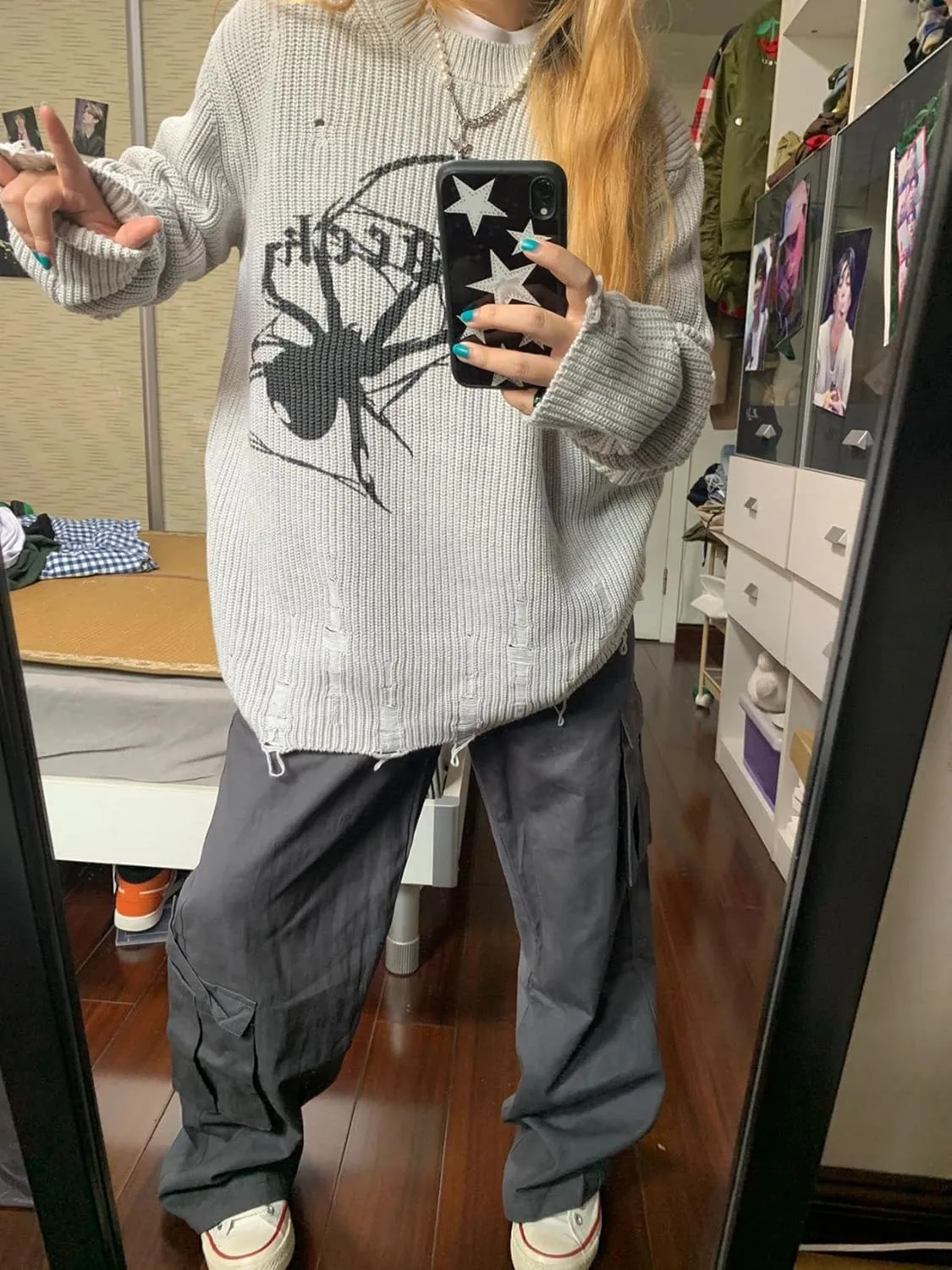 Spider Print Harajuku Thick Sweater Women Gothic Vintage Ripped Grunge Y2k Streetwear Oversize Hiphop Pullover