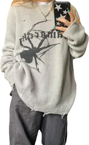 Spider Print Harajuku Thick Sweater Women Gothic Vintage Ripped Grunge Y2k Streetwear Oversize Hiphop Pullover