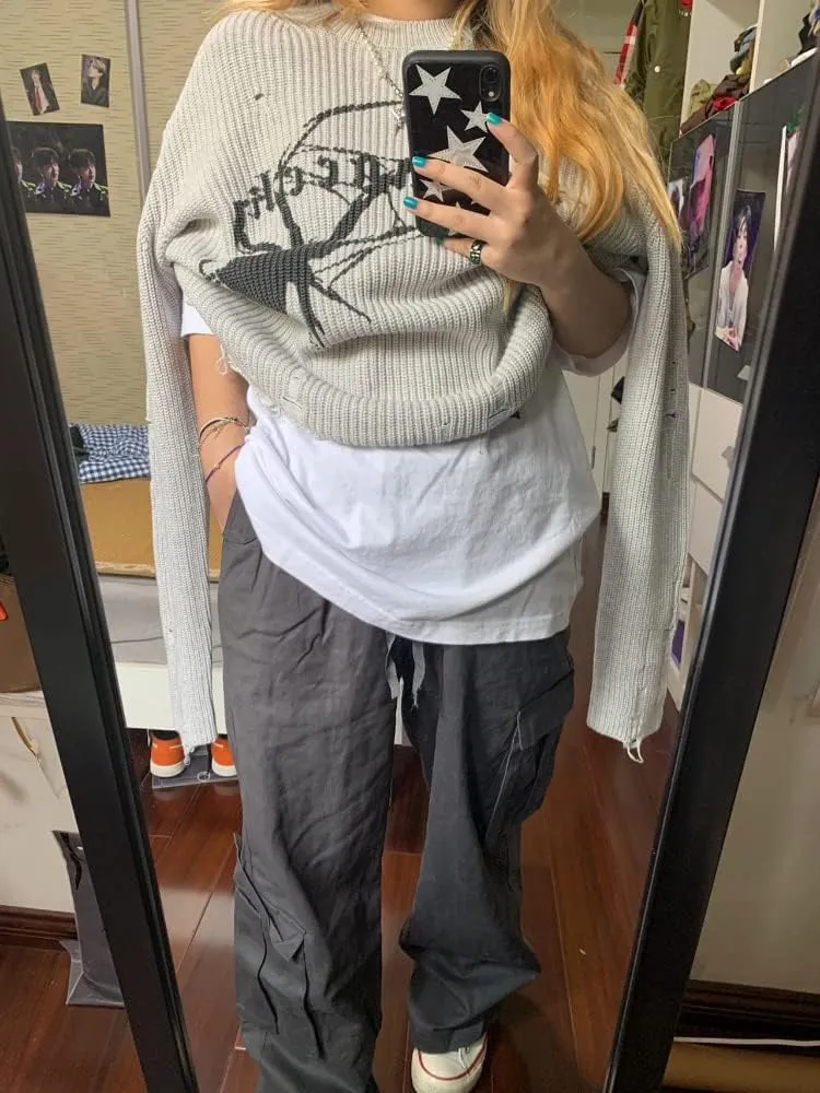 Spider Print Harajuku Thick Sweater Women Gothic Vintage Ripped Grunge Y2k Streetwear Oversize Hiphop Pullover