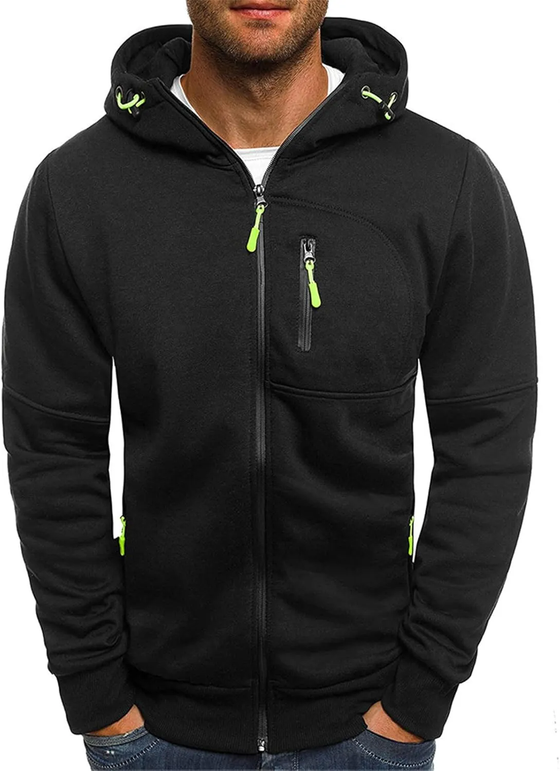 Sport Full Zip Hoodies for Men, Mens Hoodie, Men's Solid Full-Zip Long Sleeve Hooded Sweatshirt with Zipper Pockets