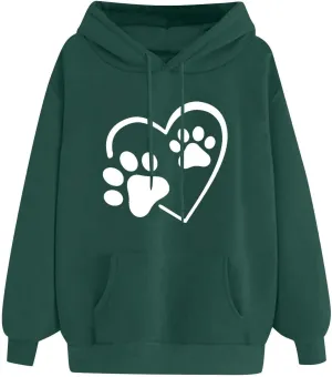 Stessotudo Heart Print Hoodies for Women Drawstring Long Sleeve Cute Sweatshirt Paw Print Plus Size Oversized Graphic Tops