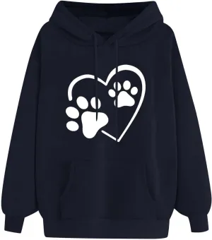 Stessotudo Heart Print Hoodies for Women Drawstring Long Sleeve Cute Sweatshirt Paw Print Plus Size Oversized Graphic Tops