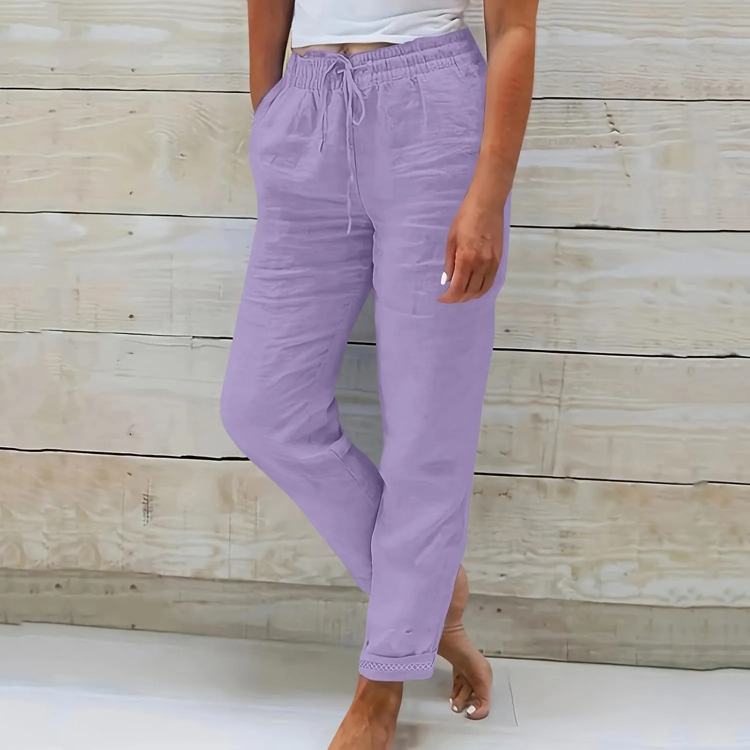 Straight Leg Linen Pants Women Summer Elastic High Waisted Beach Pants with Pockets Casual Plus Size Trousers