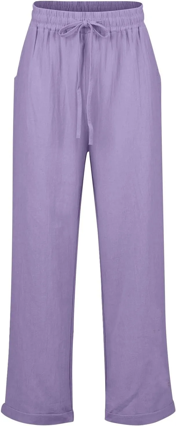 Straight Leg Linen Pants Women Summer Elastic High Waisted Beach Pants with Pockets Casual Plus Size Trousers