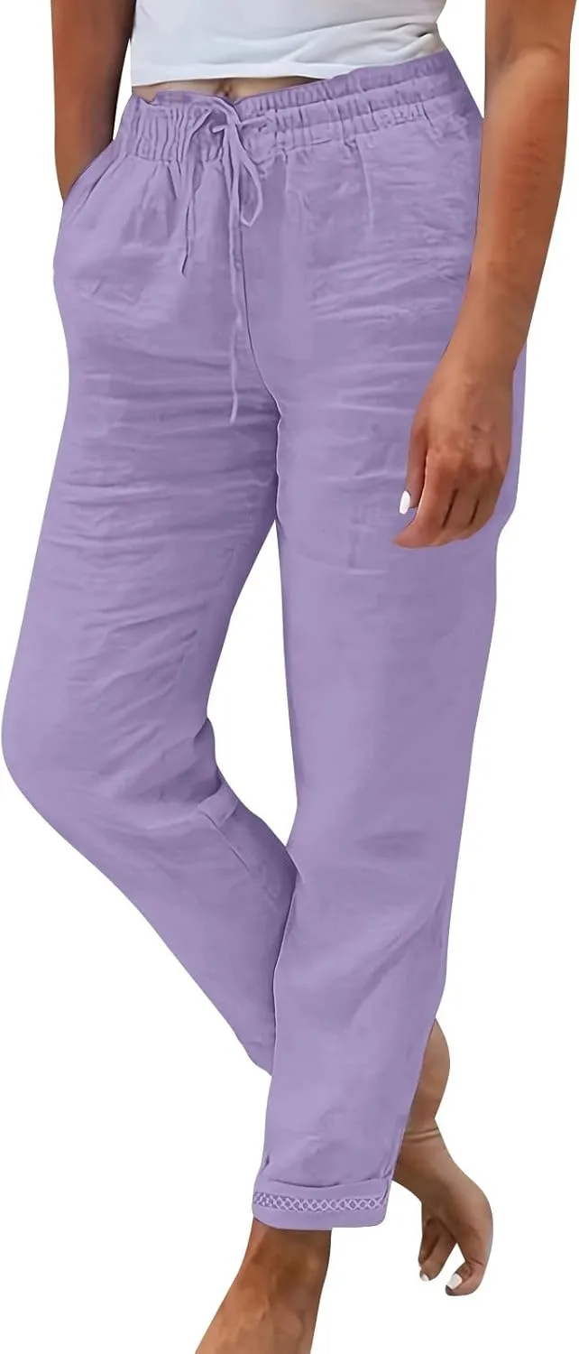 Straight Leg Linen Pants Women Summer Elastic High Waisted Beach Pants with Pockets Casual Plus Size Trousers