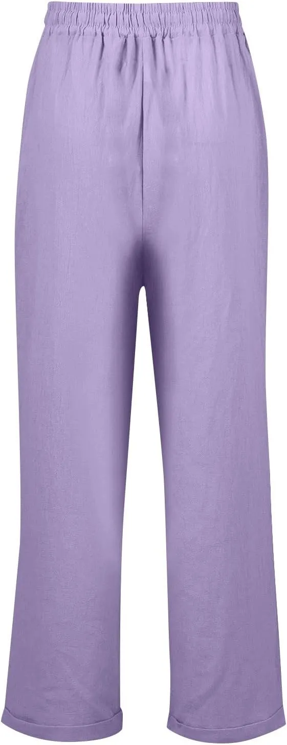 Straight Leg Linen Pants Women Summer Elastic High Waisted Beach Pants with Pockets Casual Plus Size Trousers