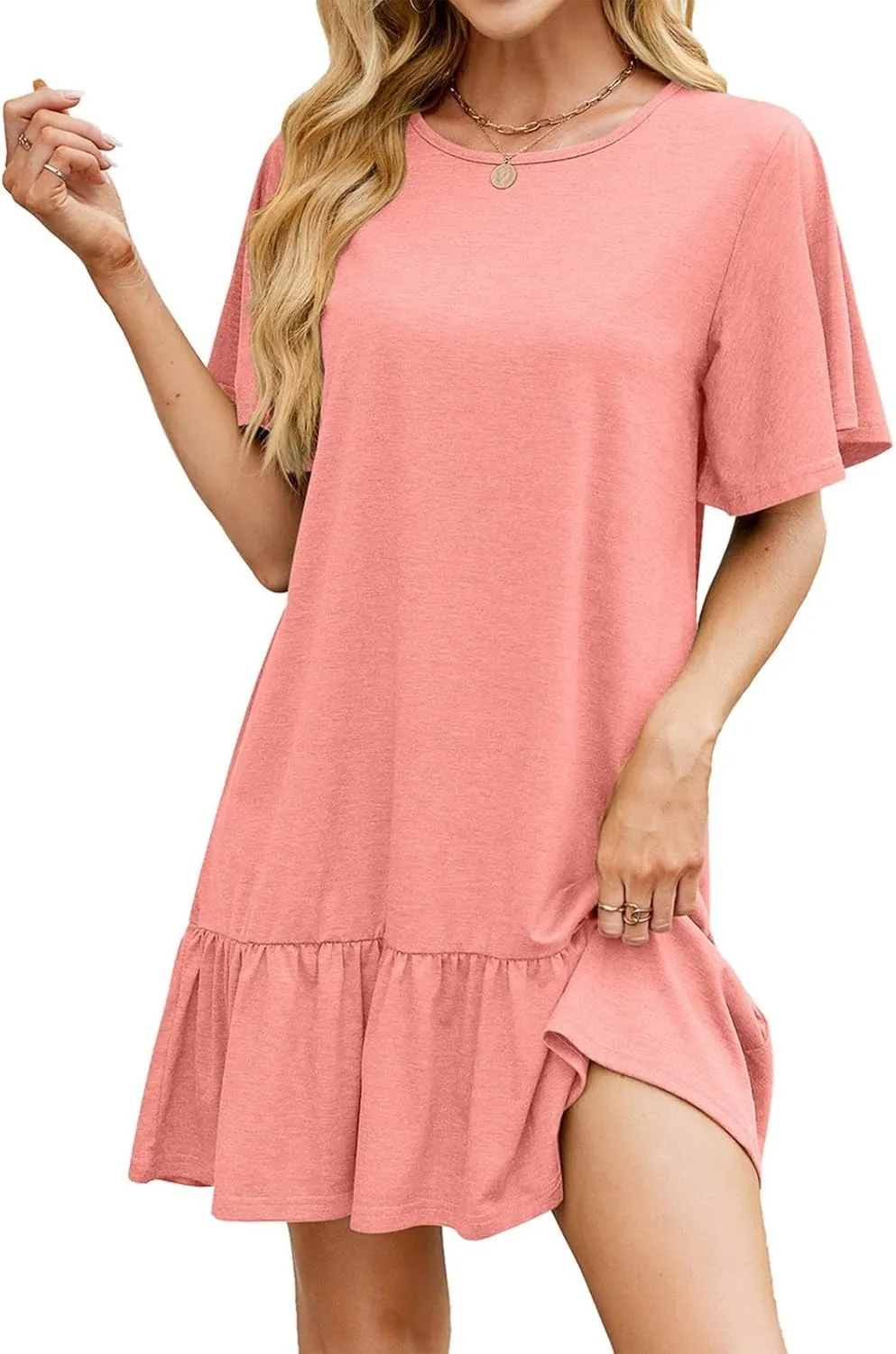 Summer Dresses for Women 2025 Short Sleeve Tshirt Dress Ruffle Hem Solid Loose Pleated Smock Mini Dresses