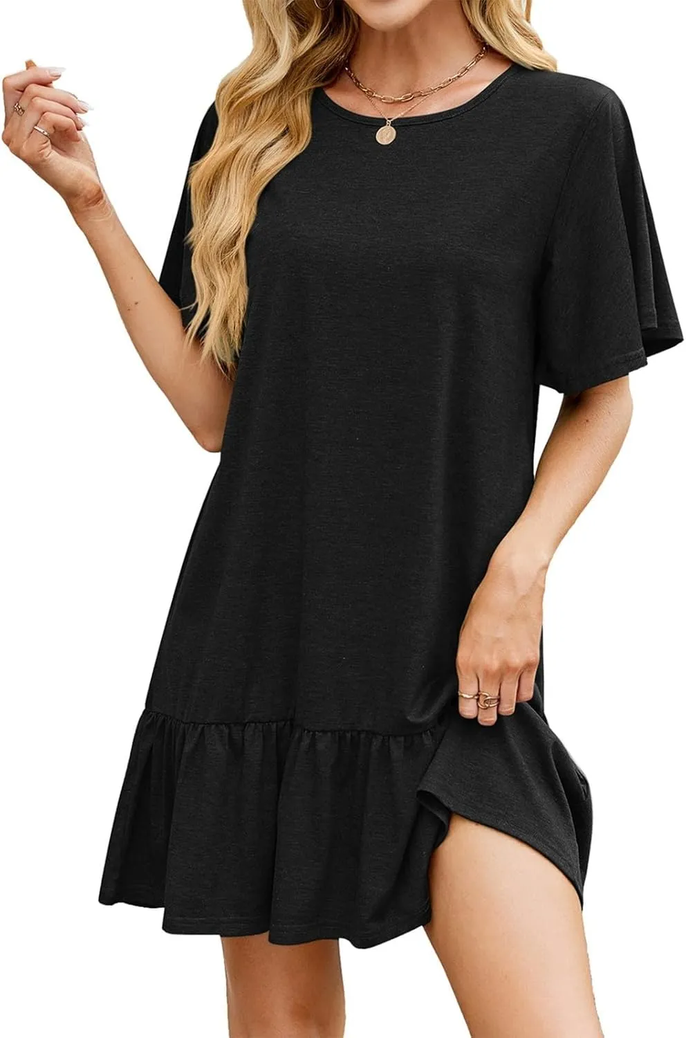 Summer Dresses for Women 2025 Short Sleeve Tshirt Dress Ruffle Hem Solid Loose Pleated Smock Mini Dresses