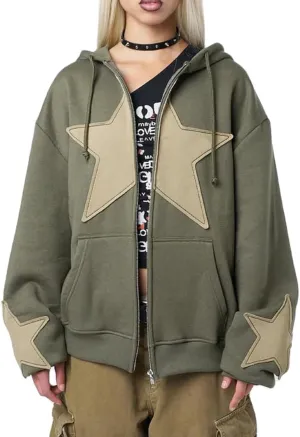 Sunwittafy Y2k Zip Up Hoodie for Women Men Star Graphic Oversized Sweatshirt Aesthetic Punk Jacket Vintage Streetwear