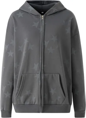 Sunwittafy Y2k Zip Up Hoodie for Women Men Star Graphic Oversized Sweatshirt Aesthetic Punk Jacket Vintage Streetwear