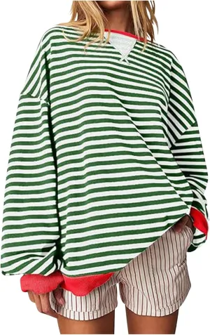 Sweat Shirt For Women 2024 Casual Crew Neck Long Sleeve Striped Pullover Tunic Quarter Aesthetic Trendy Tops
