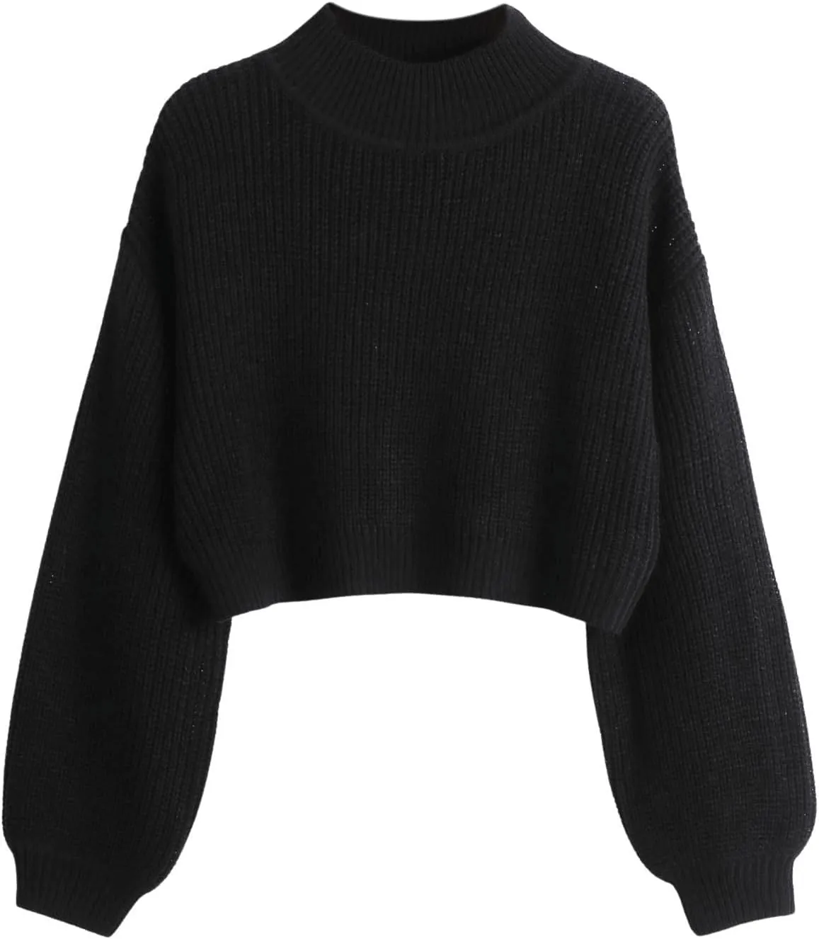 SweatyRocks Women's Long Sleeve Mock Neck Cropped Sweater Drop Shoulder Pullover Sweater Lantern Sleeve Ribbed Knit Crop Top