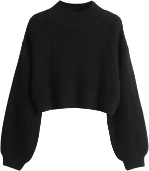 SweatyRocks Women's Long Sleeve Mock Neck Cropped Sweater Drop Shoulder Pullover Sweater Lantern Sleeve Ribbed Knit Crop Top
