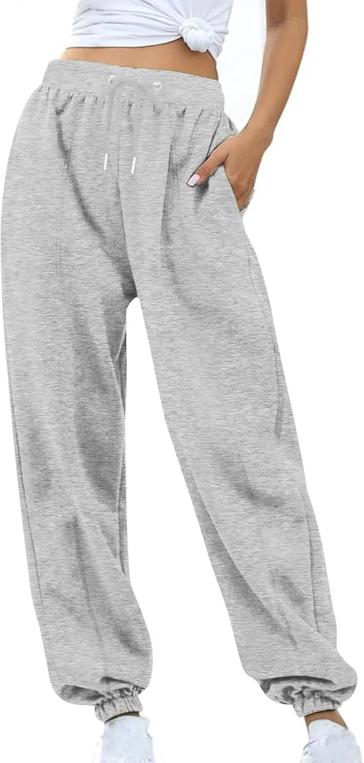 Tapered Sweatpant for Women Solid Color Casual Basic Drawstring Trousers Elastic High Waist Loose Pants with Pockets