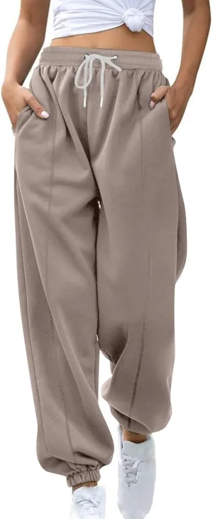 Tapered Sweatpant for Women Solid Color Casual Basic Drawstring Trousers Elastic High Waist Loose Pants with Pockets