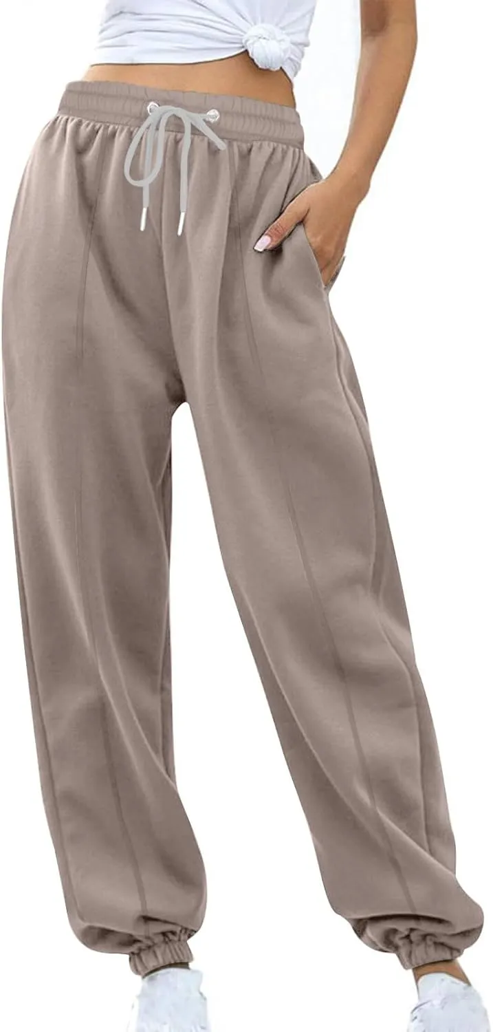 Tapered Sweatpant for Women Solid Color Casual Basic Drawstring Trousers Elastic High Waist Loose Pants with Pockets