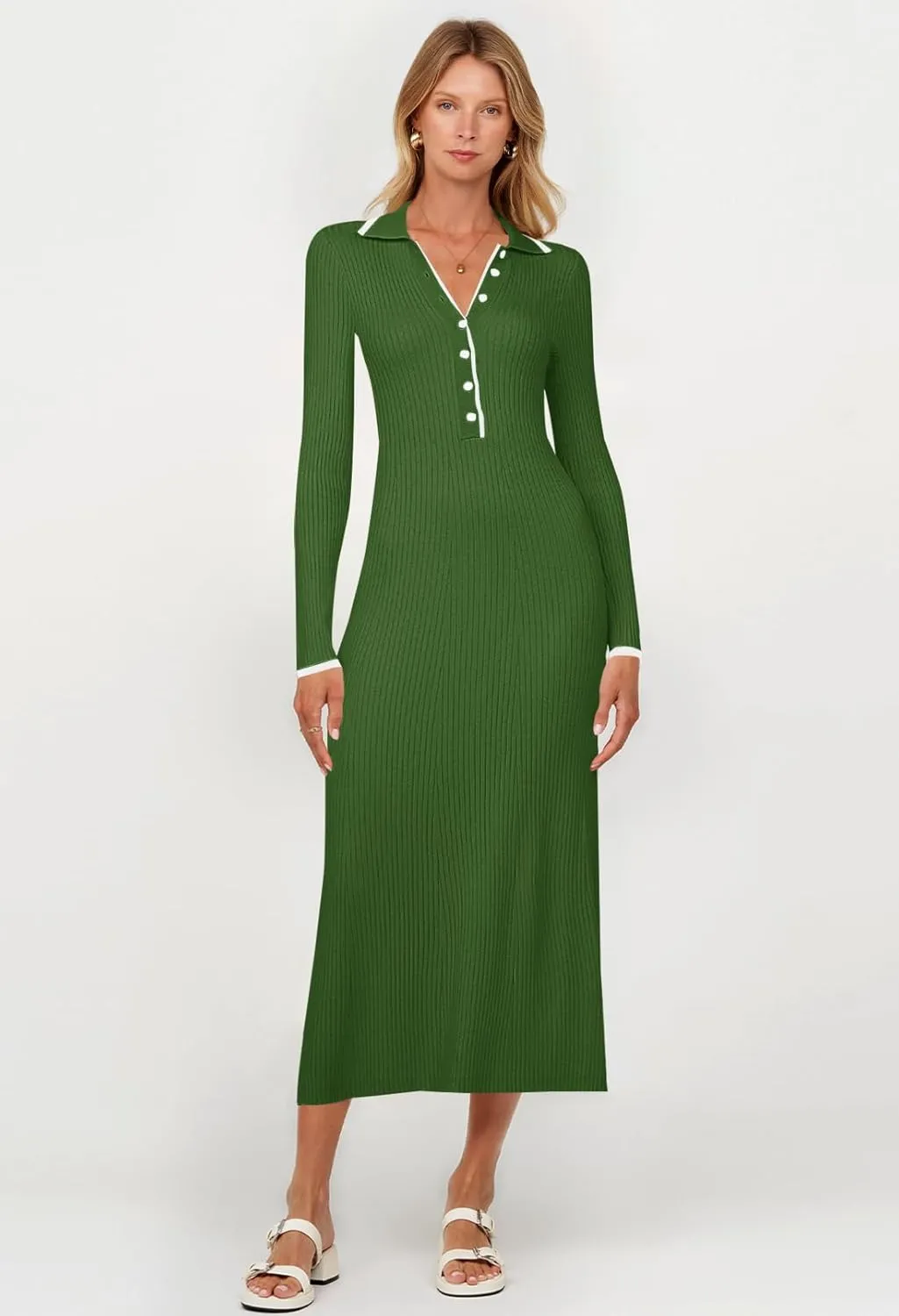 TECREW Women's Long Sleeve V Neck Sweater Maxi Dress Button Bodycon Fitted Fall Ribbed Knit Dresses