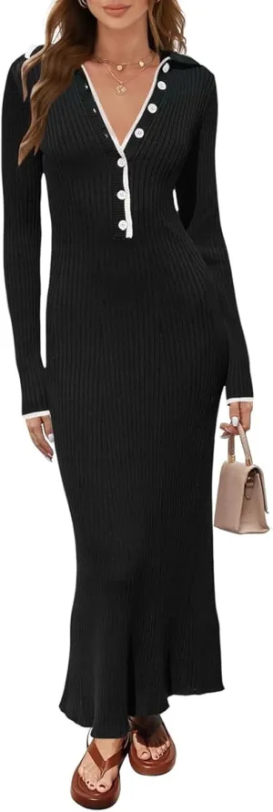 TECREW Women's Long Sleeve V Neck Sweater Maxi Dress Button Bodycon Fitted Fall Ribbed Knit Dresses