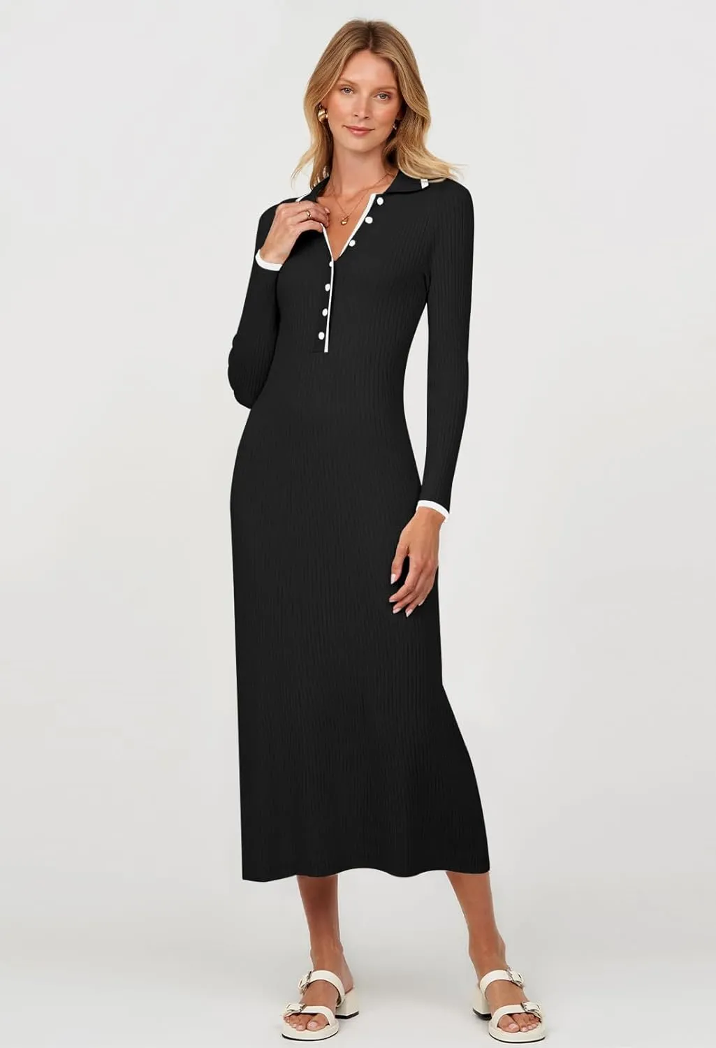 TECREW Women's Long Sleeve V Neck Sweater Maxi Dress Button Bodycon Fitted Fall Ribbed Knit Dresses