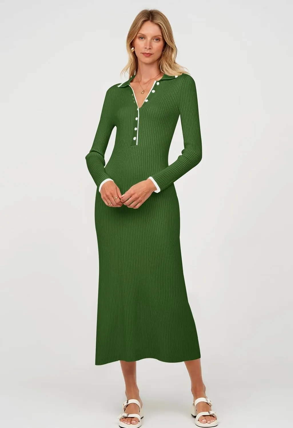 TECREW Women's Long Sleeve V Neck Sweater Maxi Dress Button Bodycon Fitted Fall Ribbed Knit Dresses