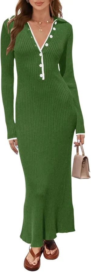 TECREW Women's Long Sleeve V Neck Sweater Maxi Dress Button Bodycon Fitted Fall Ribbed Knit Dresses