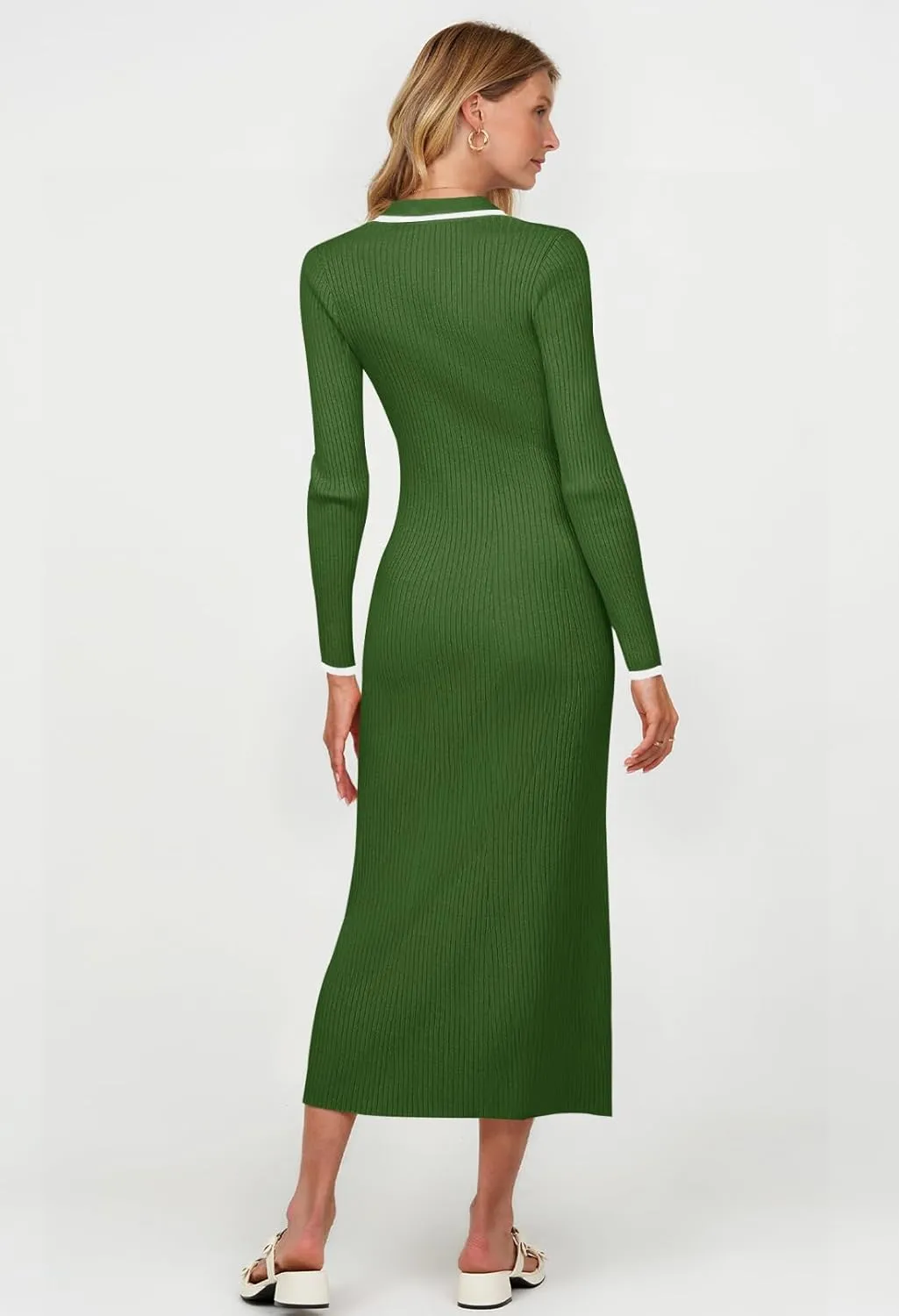 TECREW Women's Long Sleeve V Neck Sweater Maxi Dress Button Bodycon Fitted Fall Ribbed Knit Dresses