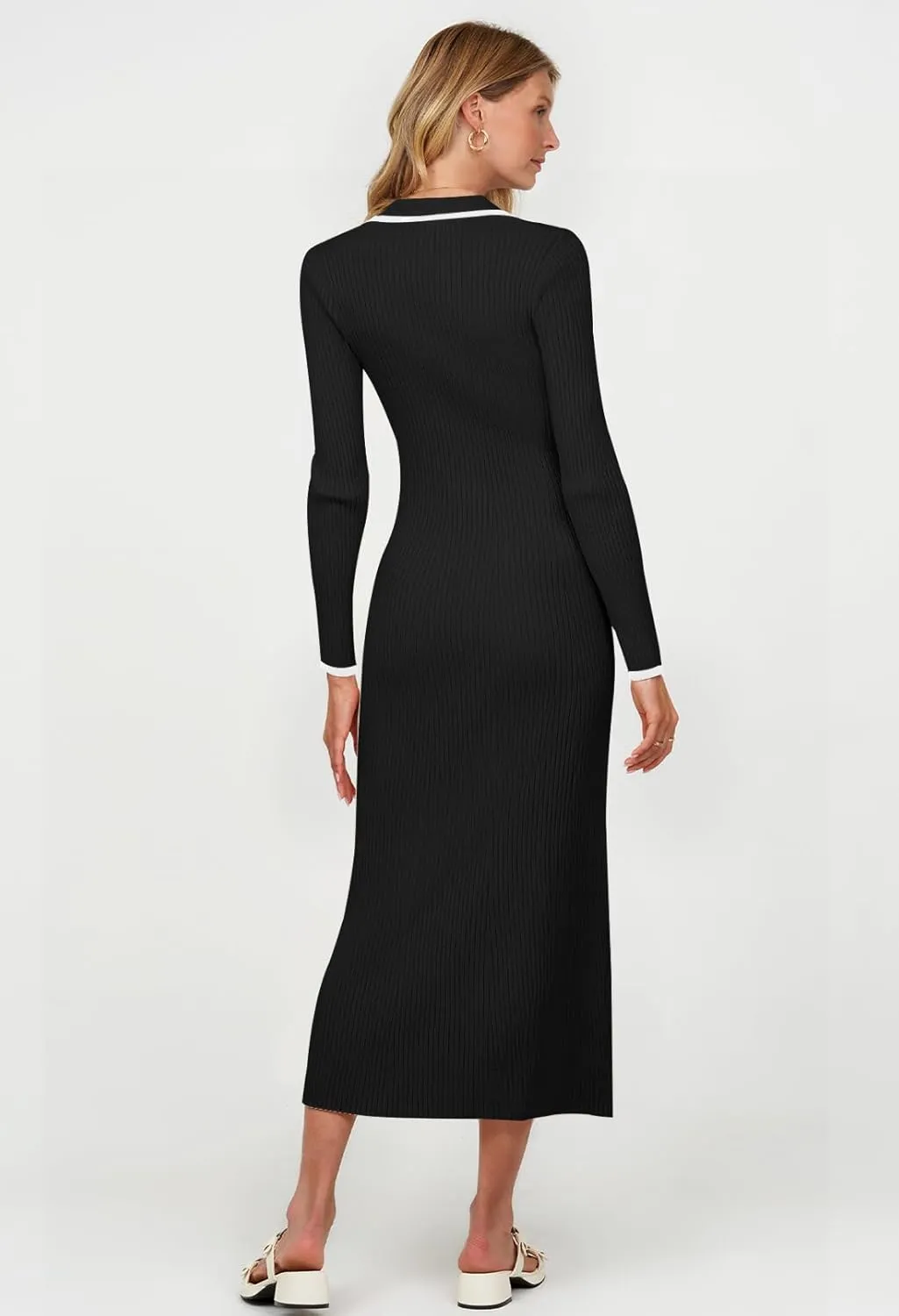 TECREW Women's Long Sleeve V Neck Sweater Maxi Dress Button Bodycon Fitted Fall Ribbed Knit Dresses