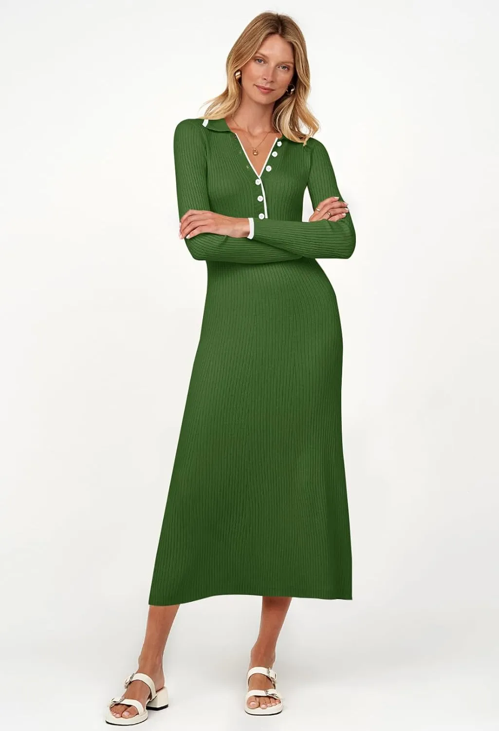 TECREW Women's Long Sleeve V Neck Sweater Maxi Dress Button Bodycon Fitted Fall Ribbed Knit Dresses