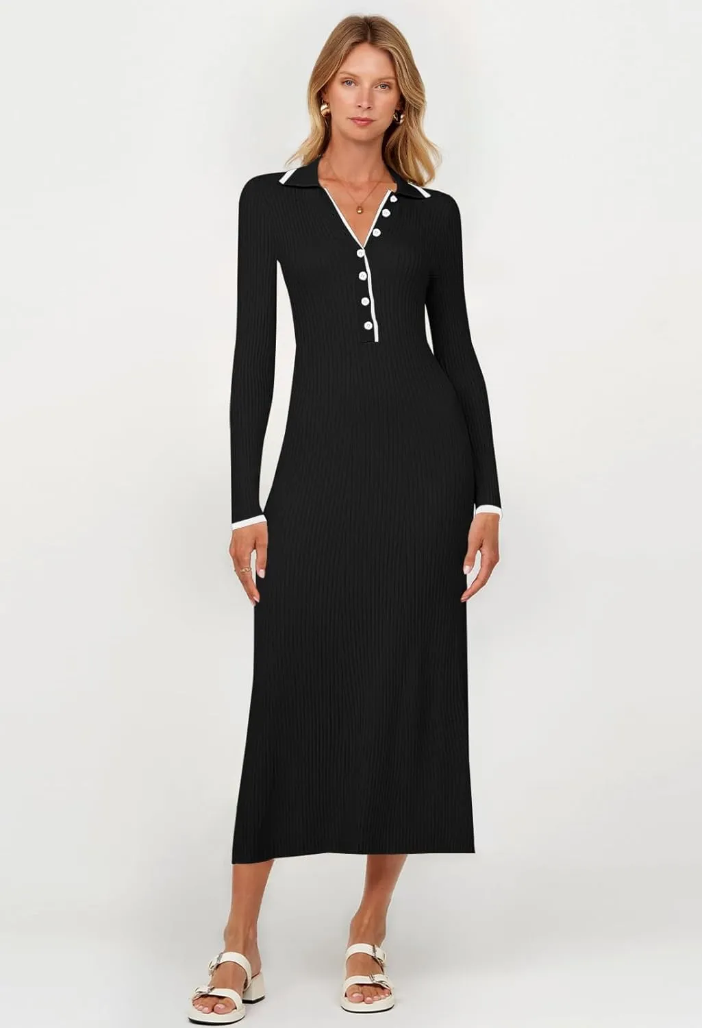 TECREW Women's Long Sleeve V Neck Sweater Maxi Dress Button Bodycon Fitted Fall Ribbed Knit Dresses