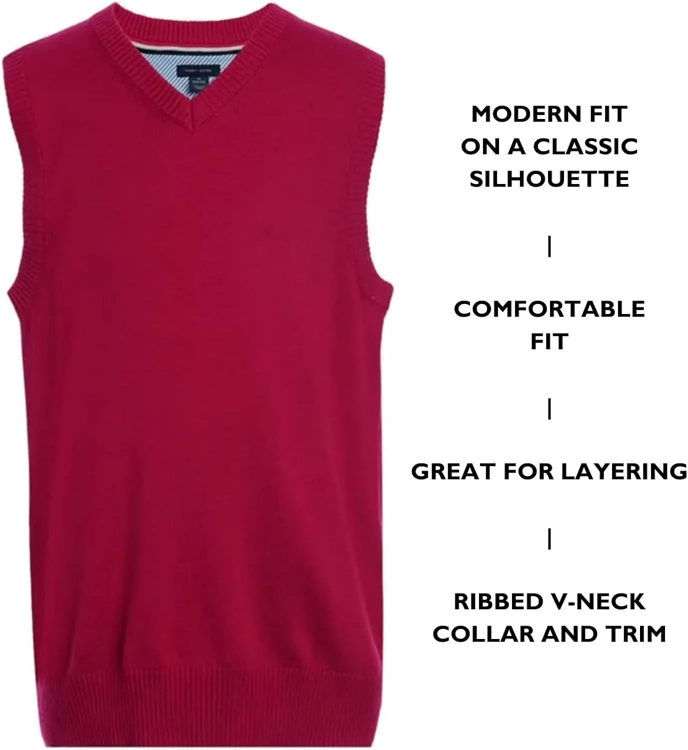 Tommy Hilfiger Boy's Sleeveless V-neck Sweater Vest, Kids School Uniform Clothes, Pullover