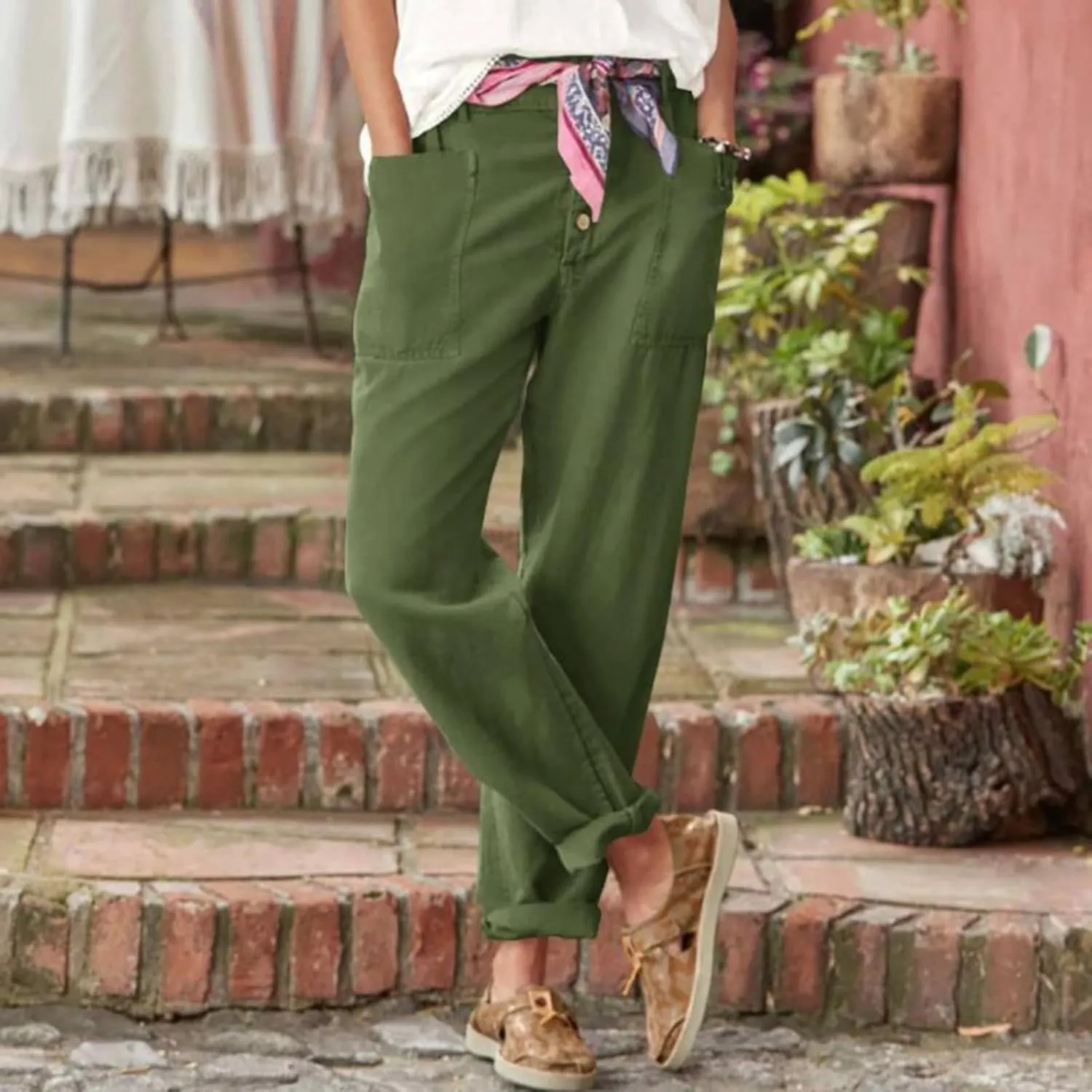 Trendy Button-Fly Straight Leg Pants for Women 2024 Spring Cotton Linen High Waist Lounge Slacks Plus Size Solid Casual Pants