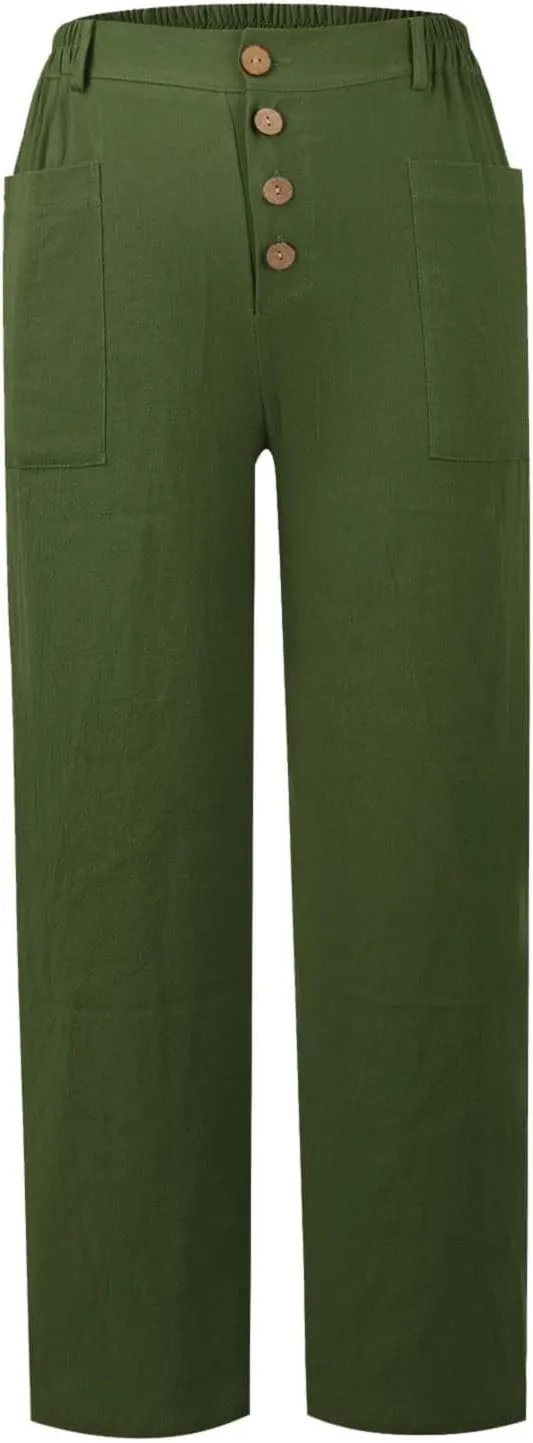 Trendy Button-Fly Straight Leg Pants for Women 2024 Spring Cotton Linen High Waist Lounge Slacks Plus Size Solid Casual Pants