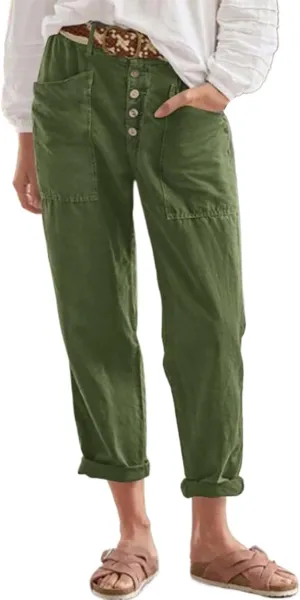 Trendy Button-Fly Straight Leg Pants for Women 2024 Spring Cotton Linen High Waist Lounge Slacks Plus Size Solid Casual Pants