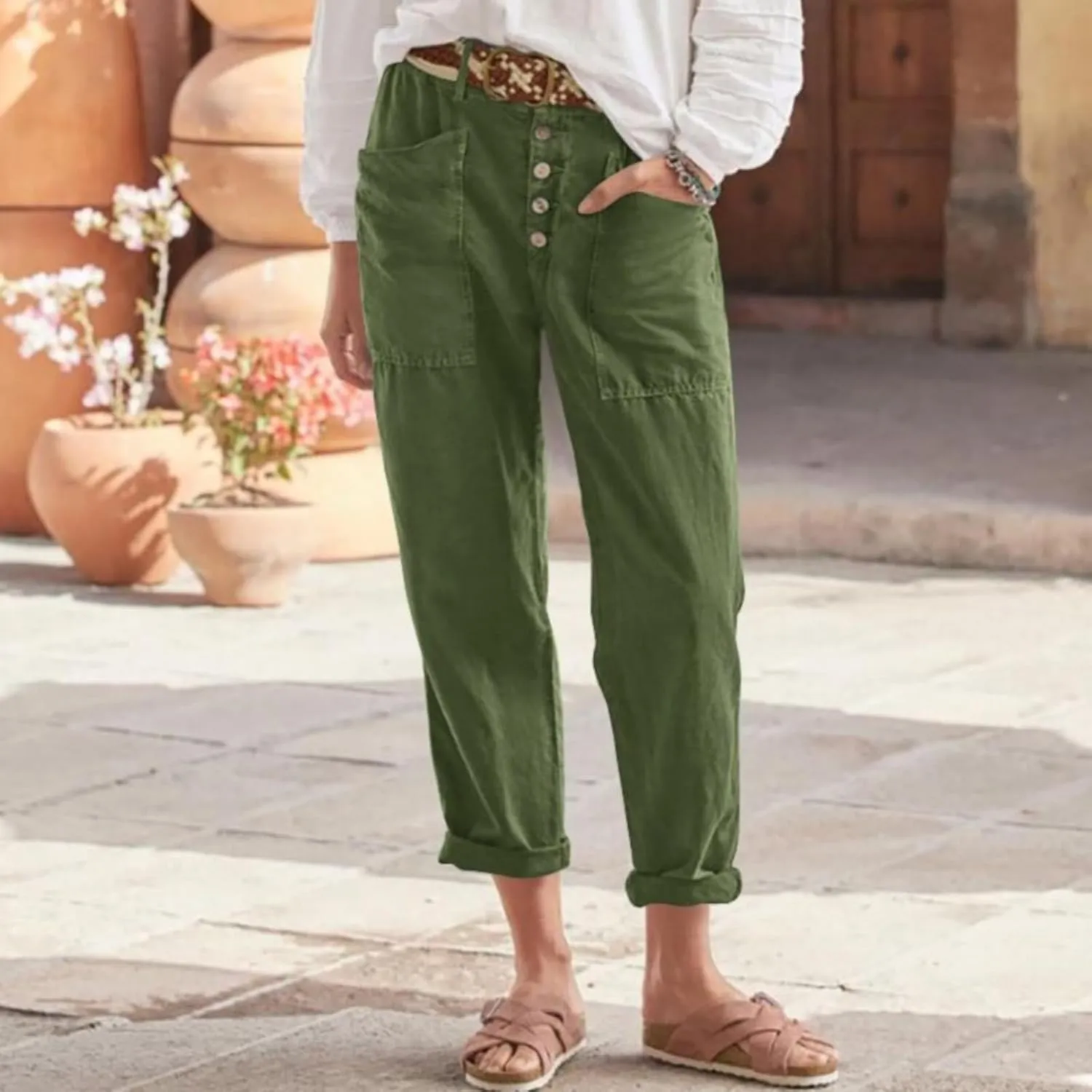 Trendy Button-Fly Straight Leg Pants for Women 2024 Spring Cotton Linen High Waist Lounge Slacks Plus Size Solid Casual Pants