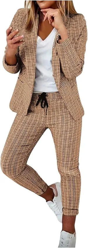 Two Piece Outfits for Women Long Sleeve Business Casual Jacket High Waist Slim Fit Long Pants Fashion Palid Suit Sets
