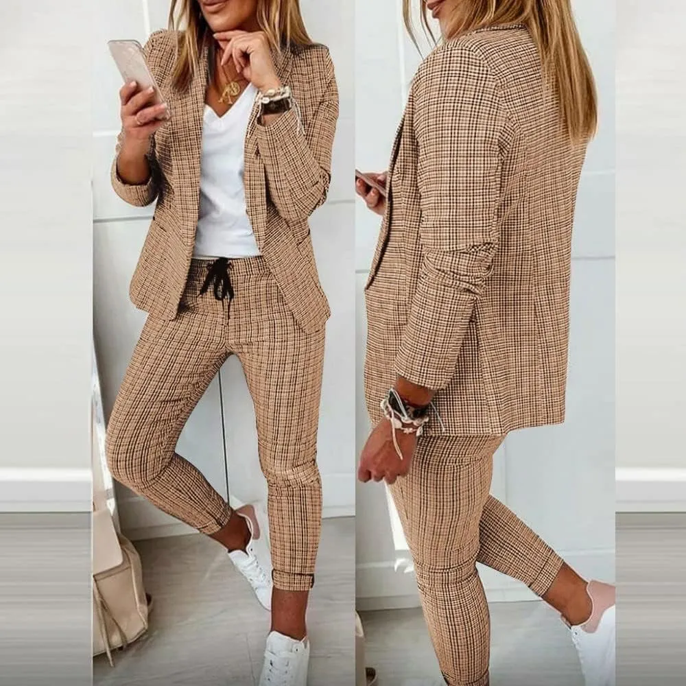 Two Piece Outfits for Women Long Sleeve Business Casual Jacket High Waist Slim Fit Long Pants Fashion Palid Suit Sets