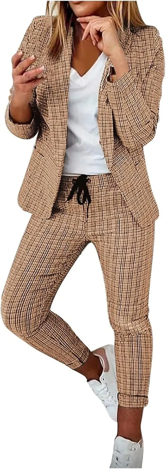 Two Piece Outfits for Women Long Sleeve Business Casual Jacket High Waist Slim Fit Long Pants Fashion Palid Suit Sets