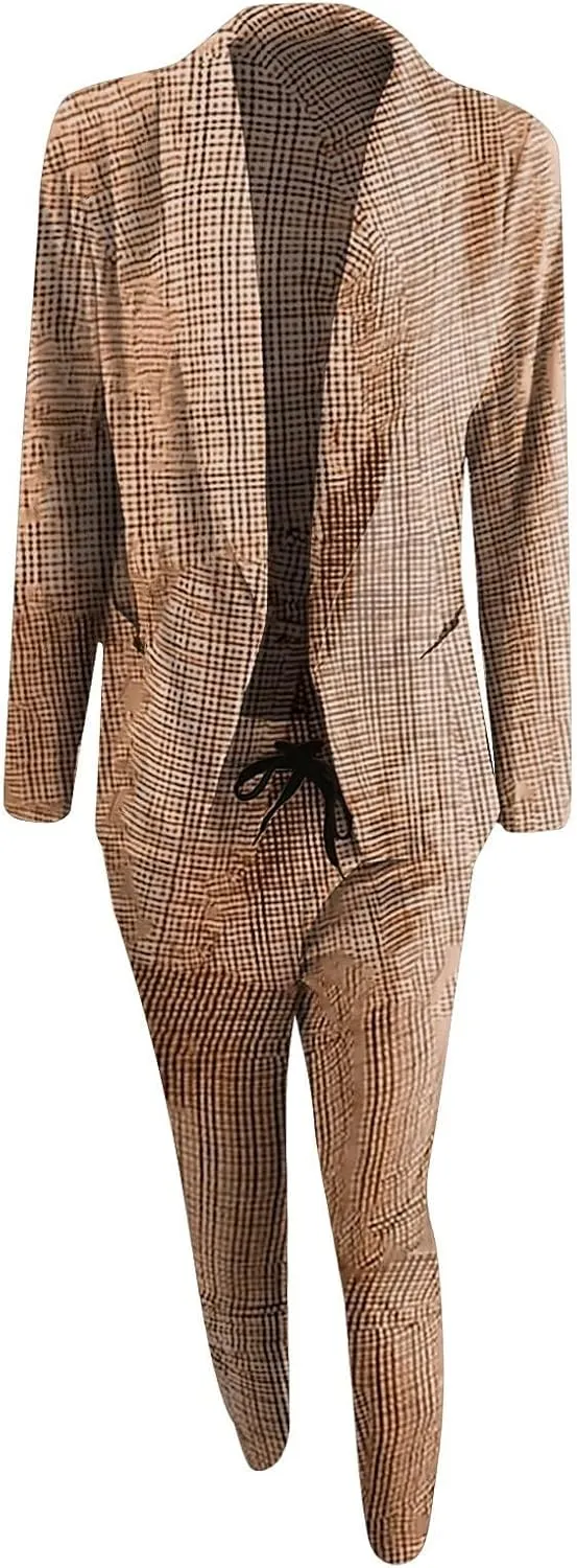 Two Piece Outfits for Women Long Sleeve Business Casual Jacket High Waist Slim Fit Long Pants Fashion Palid Suit Sets