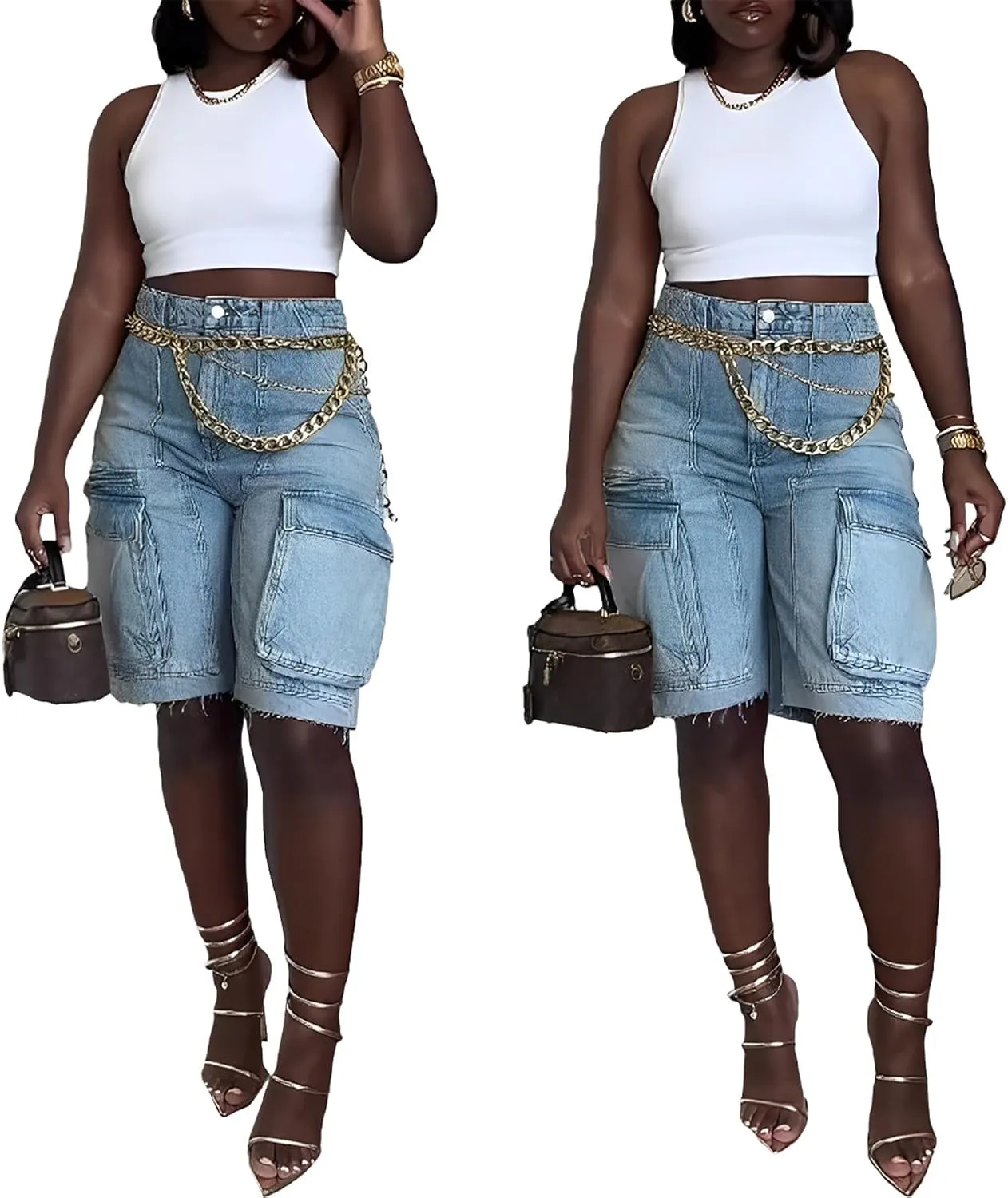 Vakkest Women's High Waisted Denim Cargo Shorts Bermuda Straight Leg Casual Summer Long Jean Shorts with Pockets