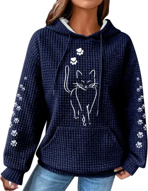 Waffle Knit Hoodies for Women Cute Cat Print Long Sleeve Drawstring Sweatshirt Trendy Loose Fall Pullover Tops with Pocket