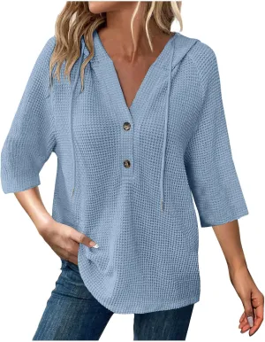 Waffle Knit Tops for Women Loose Fit 3/4 Sleeve Henley V Neck T Shirts Casual Spring Knitted Lightweight Tunic Hoodie